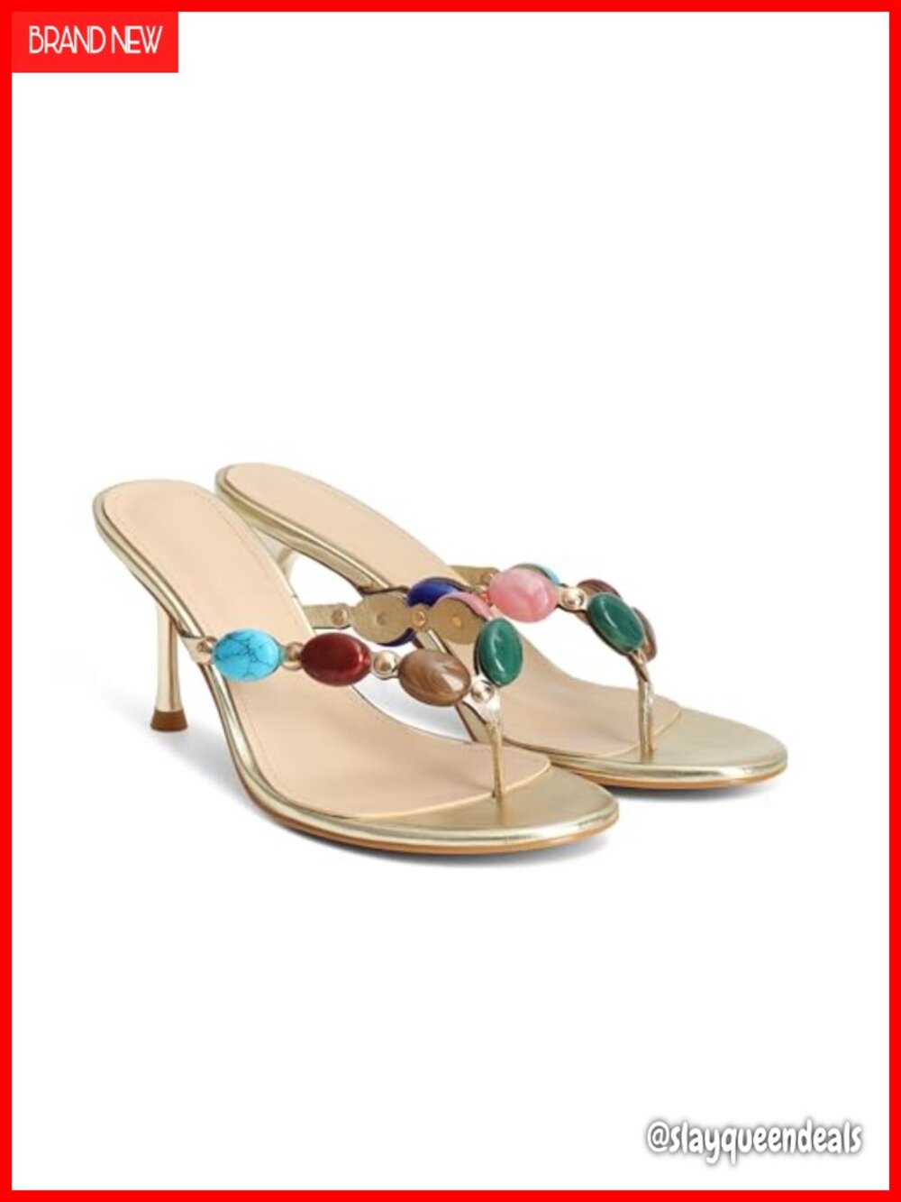 Jeweled Flip Flop Kitten Heels Open Toe Beaded Strappy High Heels Sandals Slip